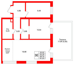 Квартира в ЖК Северный ветер, 2 комнатная, 81.23 м², 2 этаж