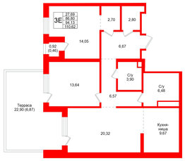 Квартира в ЖК Северный ветер, 2 комнатная, 110.62 м², 2 этаж