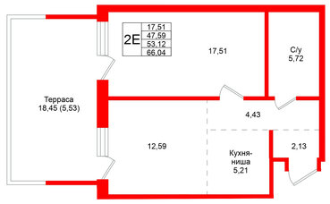 Квартира в ЖК Северный ветер, 1 комнатная, 66.04 м², 2 этаж
