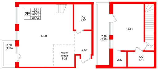 Квартира в ЖК Северный ветер, 1 комнатная, 82.84 м², 7 этаж