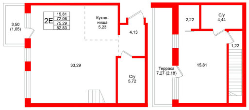 Квартира в ЖК Северный ветер, 1 комнатная, 82.83 м², 7 этаж