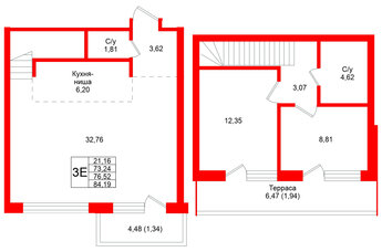 Квартира в ЖК Северный ветер, 2 комнатная, 84.19 м², 7 этаж