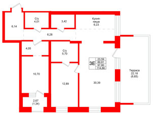 Квартира в ЖК Северный ветер, 2 комнатная, 114.66 м², 2 этаж