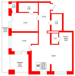 Квартира в ЖК Северный ветер, 2 комнатная, 112.61 м², 2 этаж