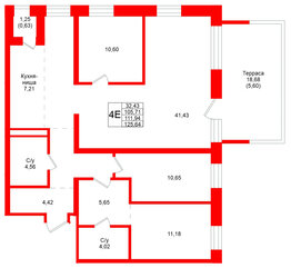 Квартира в ЖК Северный ветер, 3 комнатная, 125.64 м², 2 этаж