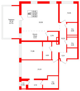 Квартира в ЖК Северный ветер, 3 комнатная, 144.9 м², 2 этаж