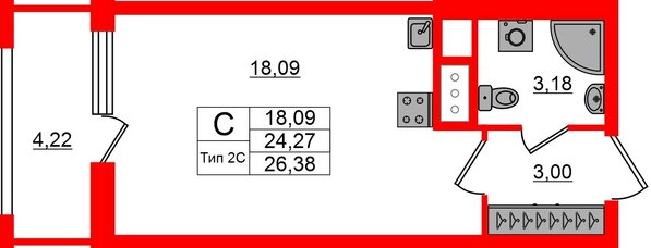 Квартира в ЖК «Сэтл Ривьера», студия, 24.27 м², 7 этаж