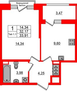 Квартира в ЖК Сэтл Ривьера, 1 комнатная, 32.17 м², 2 этаж