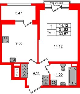 Квартира в ЖК Сэтл Ривьера, 1 комнатная, 31.83 м², 9 этаж