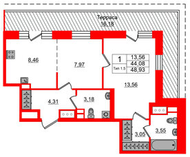 Квартира в ЖК Setl Ривьера, 1 комнатная, 44.08 м², 17 этаж