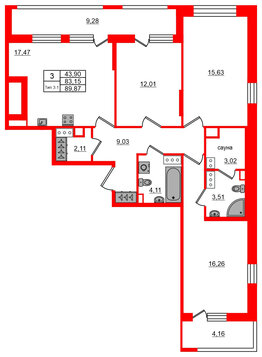 Квартира в ЖК Setl Ривьера, 3 комнатная, 83.15 м², 11 этаж