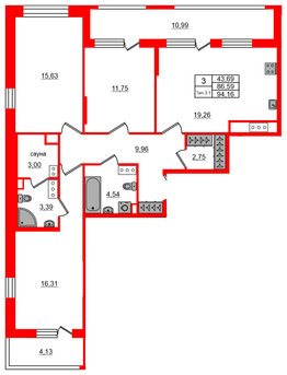 Квартира в ЖК Setl Ривьера, 3 комнатная, 86.59 м², 15 этаж