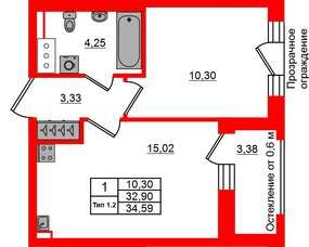 Квартира в ЖК «Сэтл Ривьера», 1 комнатная, 32.9 м², 12 этаж