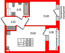 Квартира в ЖК «Сэтл Ривьера», 1 комнатная, 32.9 м², 12 этаж