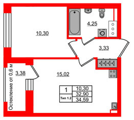 Квартира в ЖК «Сэтл Ривьера», 1 комнатная, 32.9 м², 2 этаж