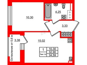 Квартира в ЖК «Сэтл Ривьера», 1 комнатная, 32.9 м², 9 этаж