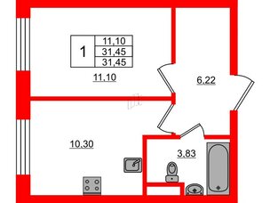 Квартира в ЖК Sertolovo Park, 1 комнатная, 31.45 м², 1 этаж