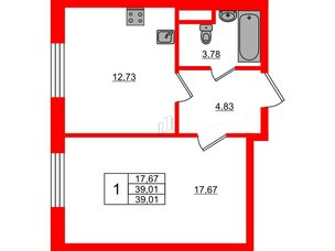 Квартира в ЖК Sertolovo Park, 1 комнатная, 39.01 м², 1 этаж