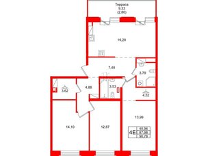 Квартира в ЖК ID Петроградская, 3 комнатная, 90.78 м², 6 этаж