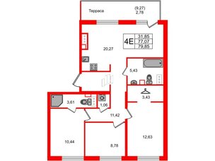 Квартира в ЖК ID Петроградская, 3 комнатная, 79.85 м², 6 этаж
