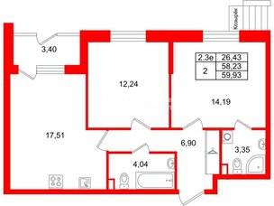 Квартира в ЖК «Парадный ансамбль», 2 комнатная, 58.23 м², 1 этаж