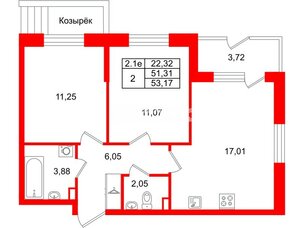 Квартира в ЖК «Парадный ансамбль», 2 комнатная, 51.31 м², 1 этаж