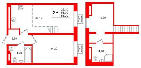Квартира в ЖК «Пулково Lake», 1 комнатная, 58.3 м², 4 этаж