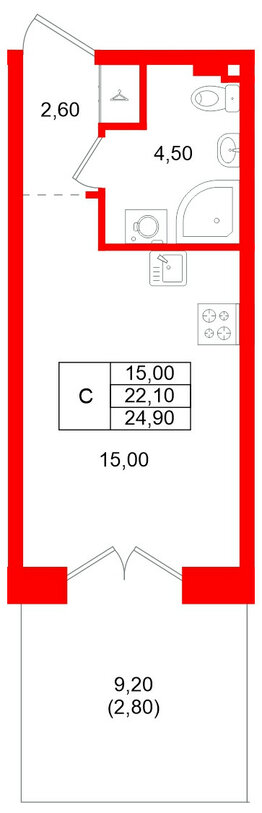 Квартира в ЖК «Пулково Lake», студия, 24.9 м², 1 этаж