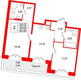 Квартира в ЖК «Остров Первых», 2 комнатная, 60.99 м², 10 этаж