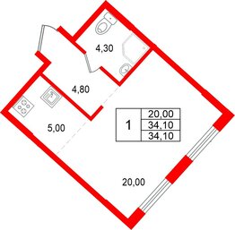 Квартира в ЖК «Ягодное Река Парк», 1 комнатная, 34.1 м², 7 этаж