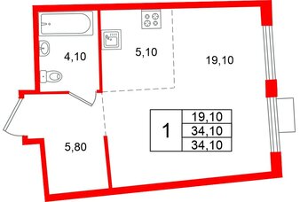 Квартира в ЖК «Ягодное Река Парк», 1 комнатная, 34.1 м², 2 этаж