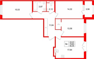 Квартира в ЖК Дубровский, 3 комнатная, 82.38 м², 4 этаж