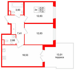 Квартира в ЖК Дубровский, 2 комнатная, 71.02 м², 1 этаж