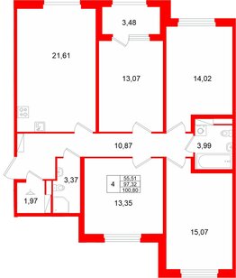 Квартира в ЖК Дубровский, 4 комнатная, 100.8 м², 2 этаж