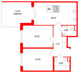 Квартира в ЖК Дубровский, 2 комнатная, 70.52 м², 1 этаж