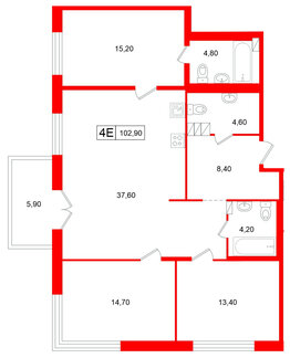 Апартаменты в ЖК Репин, 3 комнатные, 102.9 м², 4 этаж
