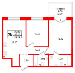 Квартира в ЖК Кронунг Юг, 2 комнатная, 59.1 м², 1 этаж