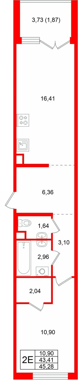 Квартира в ЖК Тишин, 1 комнатная, 45.28 м², 5 этаж