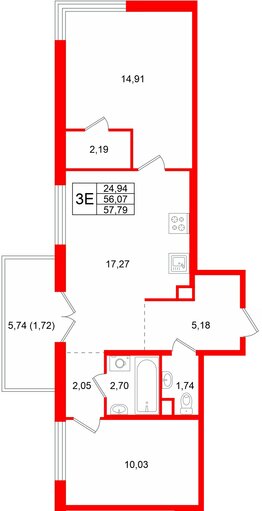 Квартира в ЖК Тишин, 2 комнатная, 57.79 м², 10 этаж