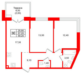 Квартира в ЖК Кронунг Юг, 2 комнатная, 59.2 м², 1 этаж