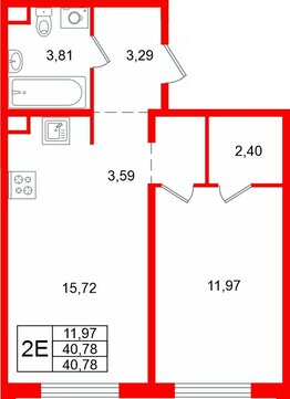 Квартира в ЖК Тишин, 1 комнатная, 40.78 м², 1 этаж