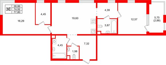 Квартира в ЖК Тишин, 2 комнатная, 77.8 м², 4 этаж