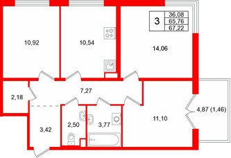 Квартира в ЖК Тишин, 3 комнатная, 67.22 м², 5 этаж