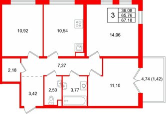 Квартира в ЖК Тишин, 3 комнатная, 67.18 м², 11 этаж