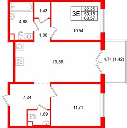 Квартира в ЖК Тишин, 2 комнатная, 60.57 м², 11 этаж