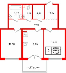 Квартира в ЖК Тишин, 2 комнатная, 51.07 м², 7 этаж