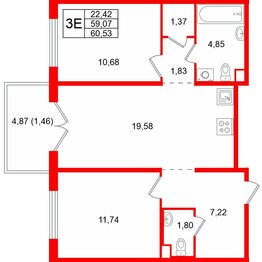 Квартира в ЖК Тишин, 2 комнатная, 60.53 м², 5 этаж