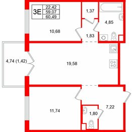 Квартира в ЖК Тишин, 2 комнатная, 60.49 м², 12 этаж