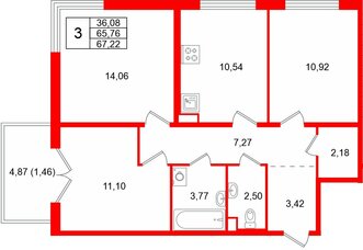 Квартира в ЖК Тишин, 3 комнатная, 67.22 м², 9 этаж