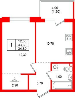 Квартира в ЖК Лисино, 1 комнатная, 37.6 м², 3 этаж